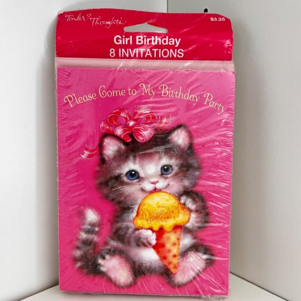 Vtg Adorable‎ Kitten Birthday Party Invitations 8 Cards Envelopes Pink Ice Cream